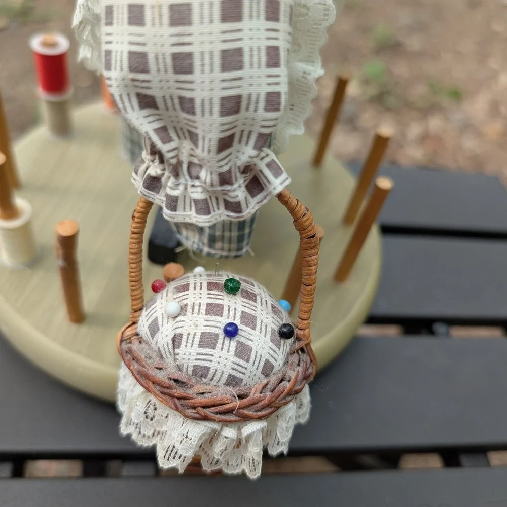 Vintage Sewing Caddy Thread Spool Holder Spinning Doll Pincushion 12in Blue Wood
